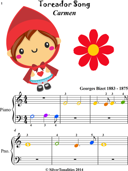 Cover image for Toreador Song Carmen Beginner Piano Sheet Music with Colored Notes